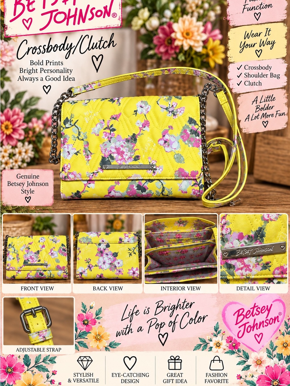 Betsey Johnson Yellow Floral Quilted Crossbody Clutch